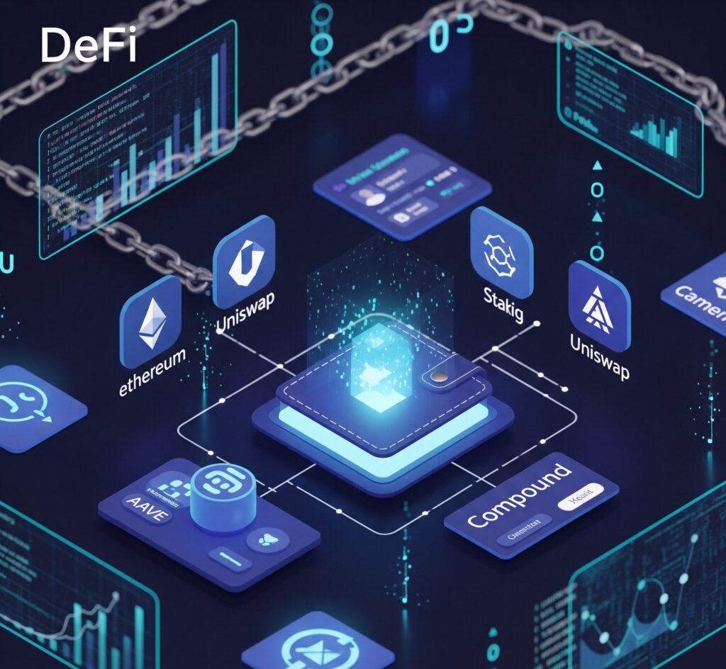Futuristic concept of decentralized finance platforms with digital wallet and crypto icons