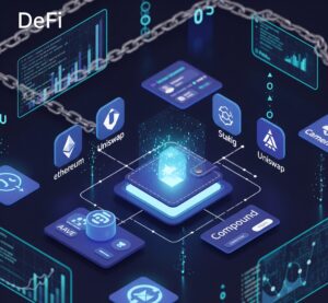 Futuristic concept of decentralized finance platforms with digital wallet and crypto icons