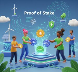 Conceptual image showing validators staking coins in a blockchain network using Proof of Stake