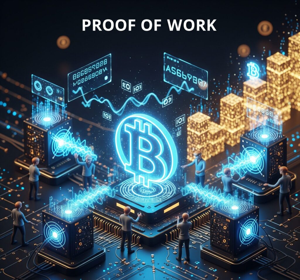 Graphic illustration of how Proof of Work secures blockchain transactions