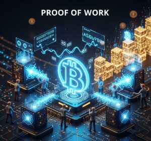 Graphic illustration of how Proof of Work secures blockchain transactions